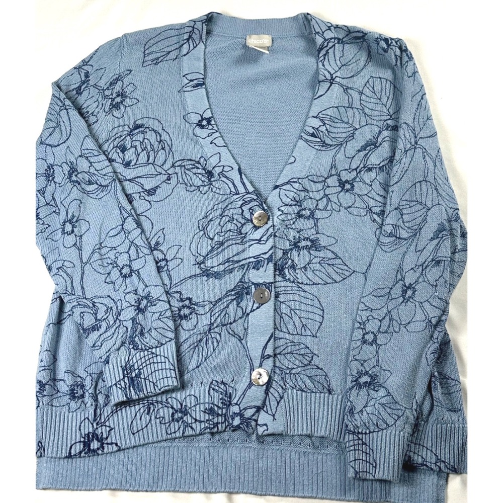 Chicos Blue Floral Linen Cotton Blend Button Front Cardigan Sweater Size 1 M